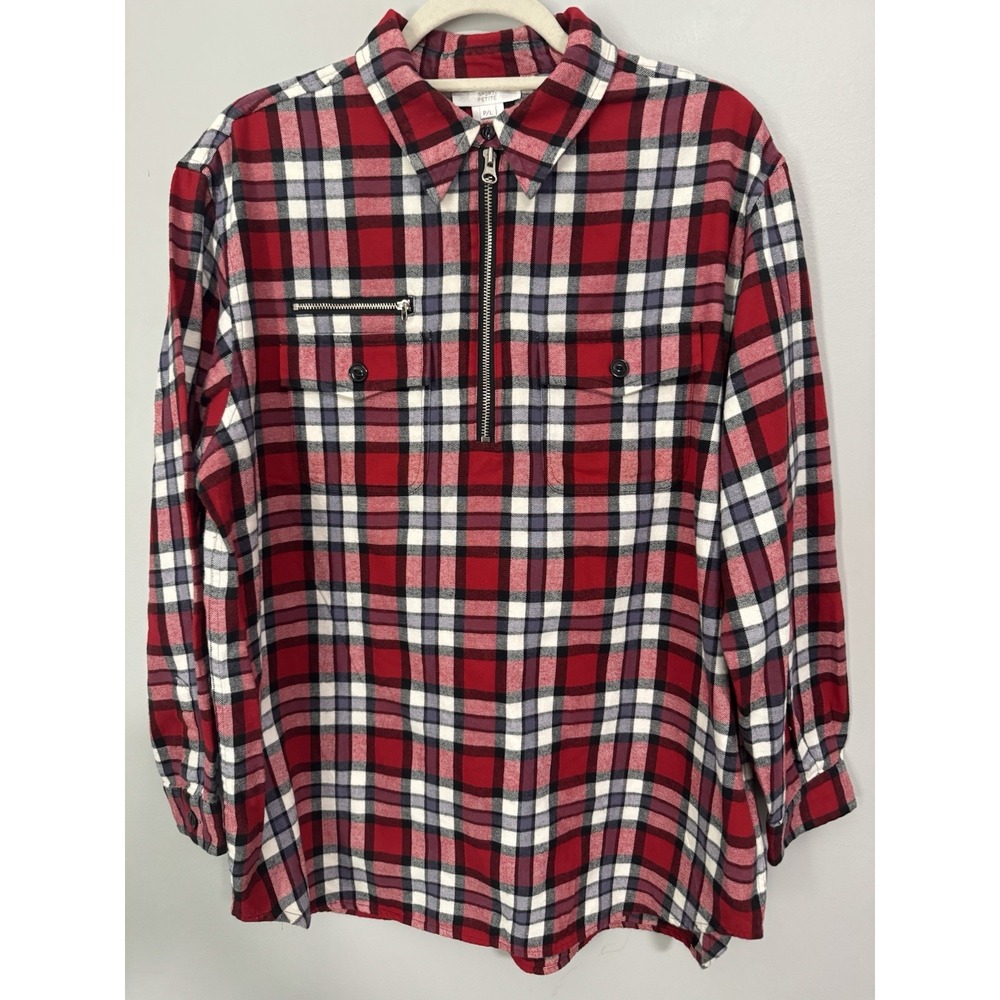 Jones New York Sport  Shirt Petite Plaid Flannel 1/2 Zip Collared 100% Cotton